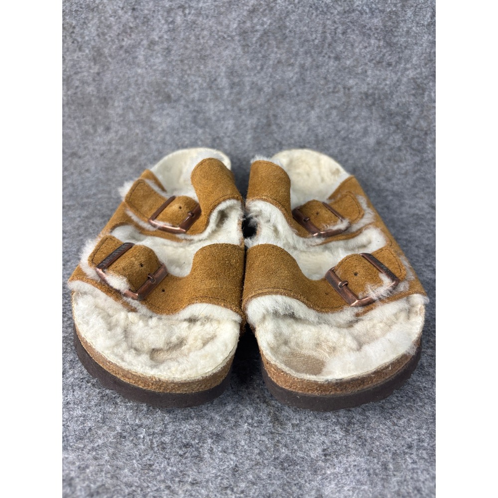 Birkenstock Arizona Sandals Womens 42 Tan Suede Shearling Lined Slides Buckle